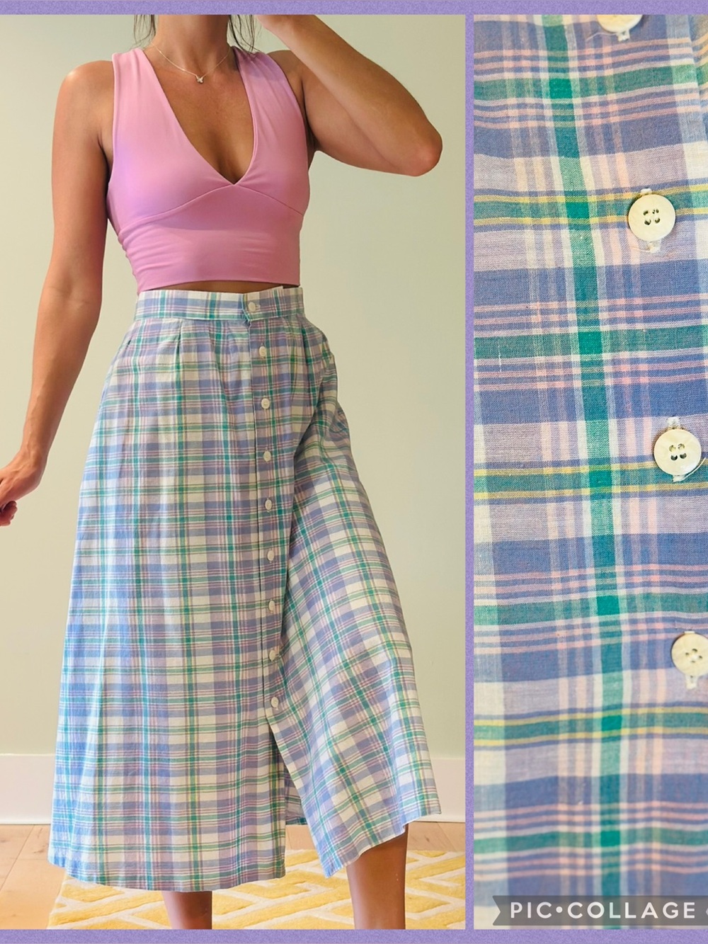 Vintage Button-Front Plaid Midi Skirt in Blue, Green & White